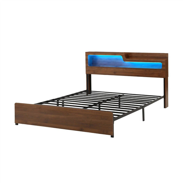 Artiss King Bed Frame Metal with Charging Station LED Light Storage Shelf Awezingly