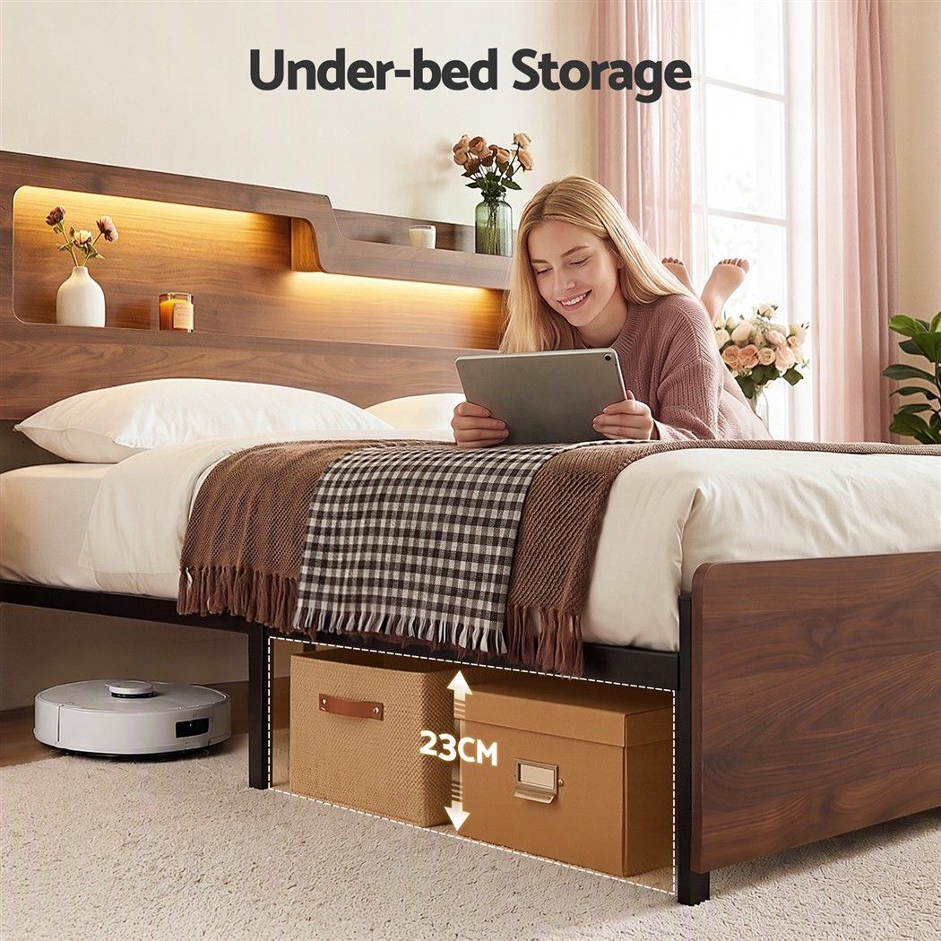 Artiss King Bed Frame Metal with Charging Station LED Light Storage Shelf Awezingly