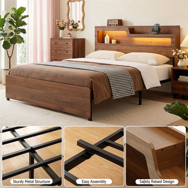 Artiss King Bed Frame Metal with Charging Station LED Light Storage Shelf Awezingly