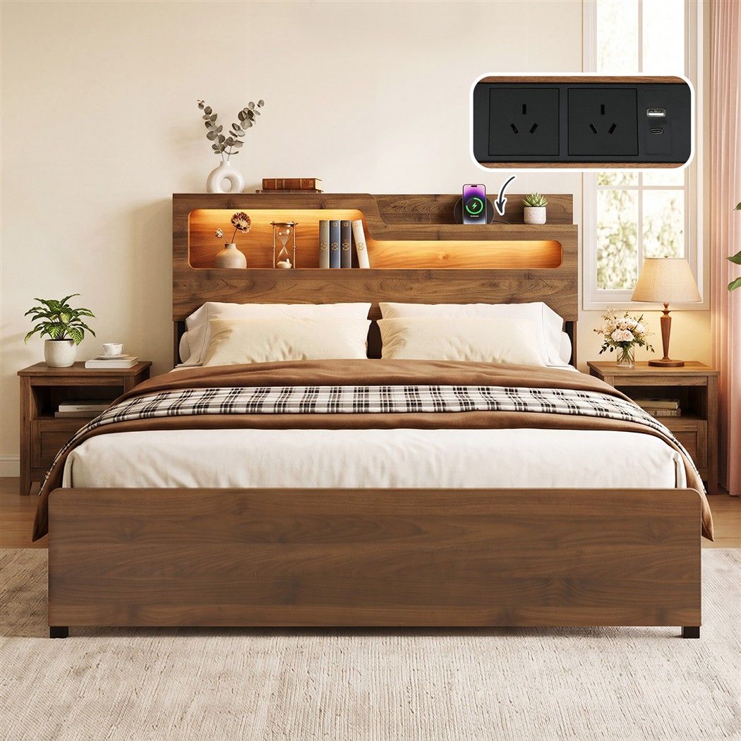 Artiss Queen Bed Frame Metal with Charging Station LED Light Storage Shelf Awezingly