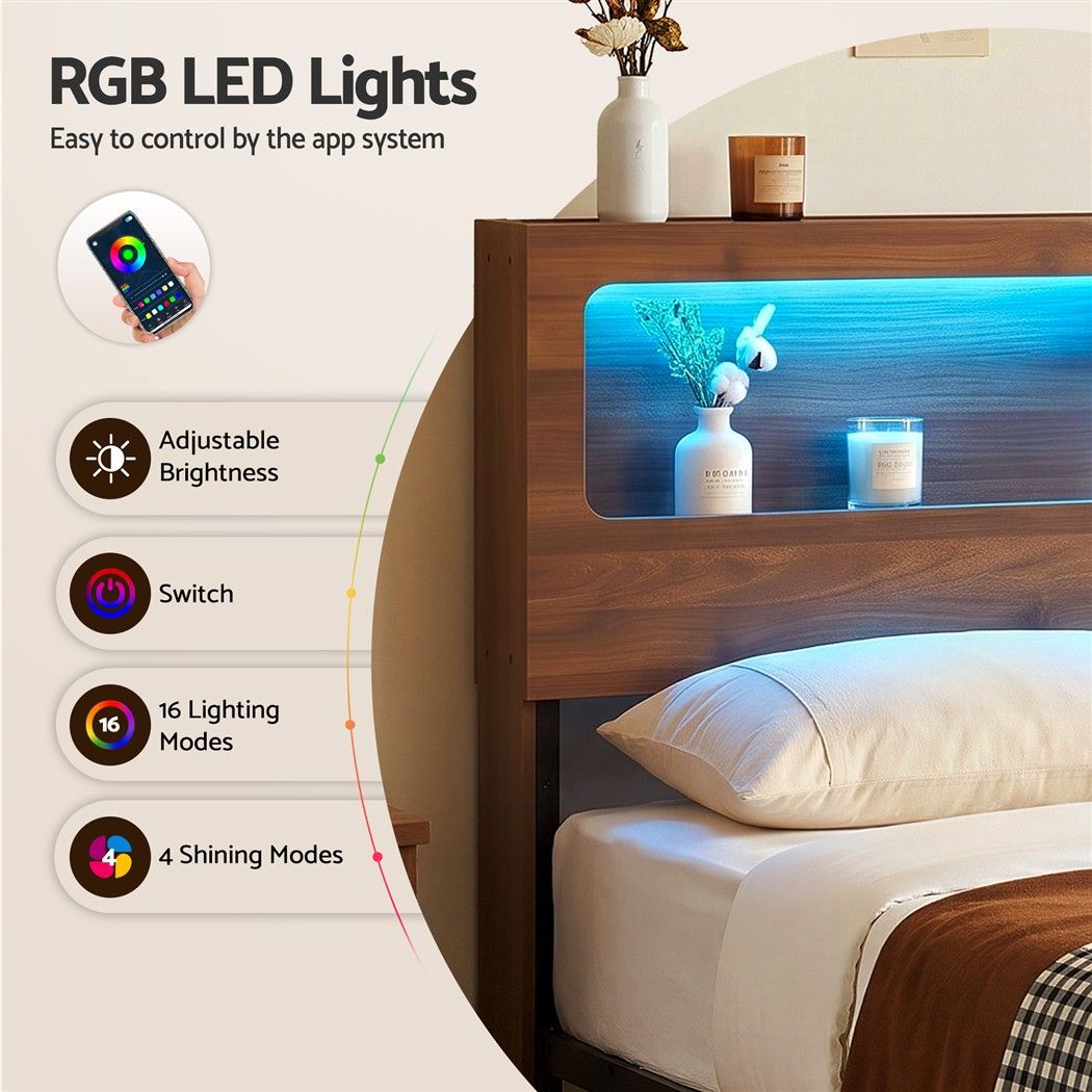 Artiss Queen Bed Frame Metal with Charging Station LED Light Storage Shelf Awezingly