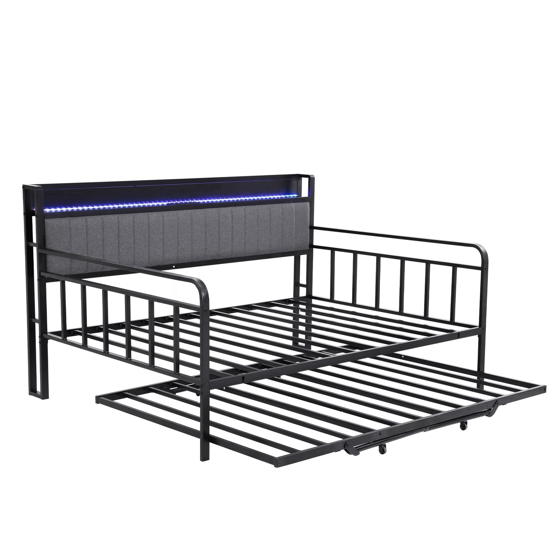Artiss Bed Frame Double LED Metal Trundle Daybed with Charging Station TURN Artiss