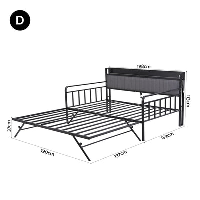 Artiss Bed Frame Double LED Metal Trundle Daybed with Charging Station TURN