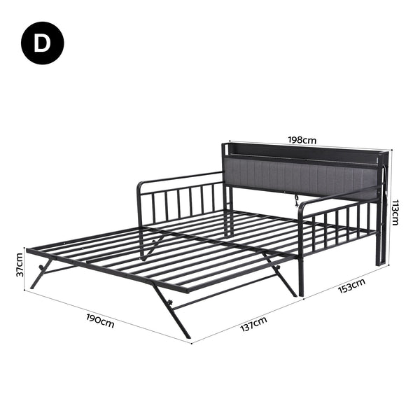 Artiss Bed Frame Double LED Metal Trundle Daybed with Charging Station TURN Artiss