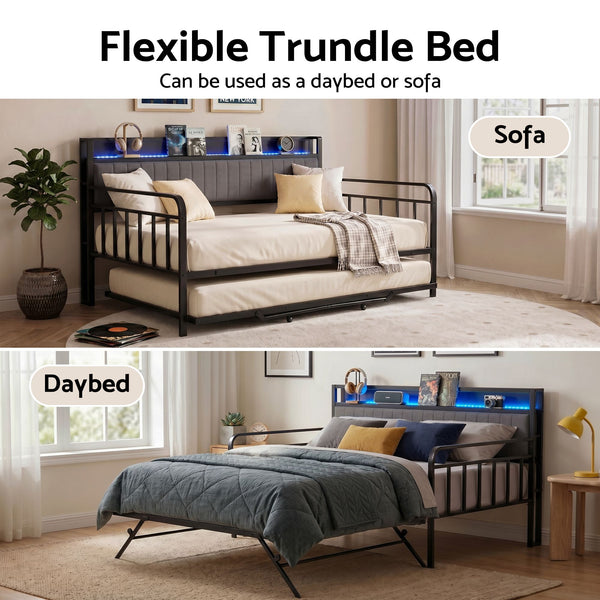 Artiss Bed Frame Double LED Metal Trundle Daybed with Charging Station TURN Artiss