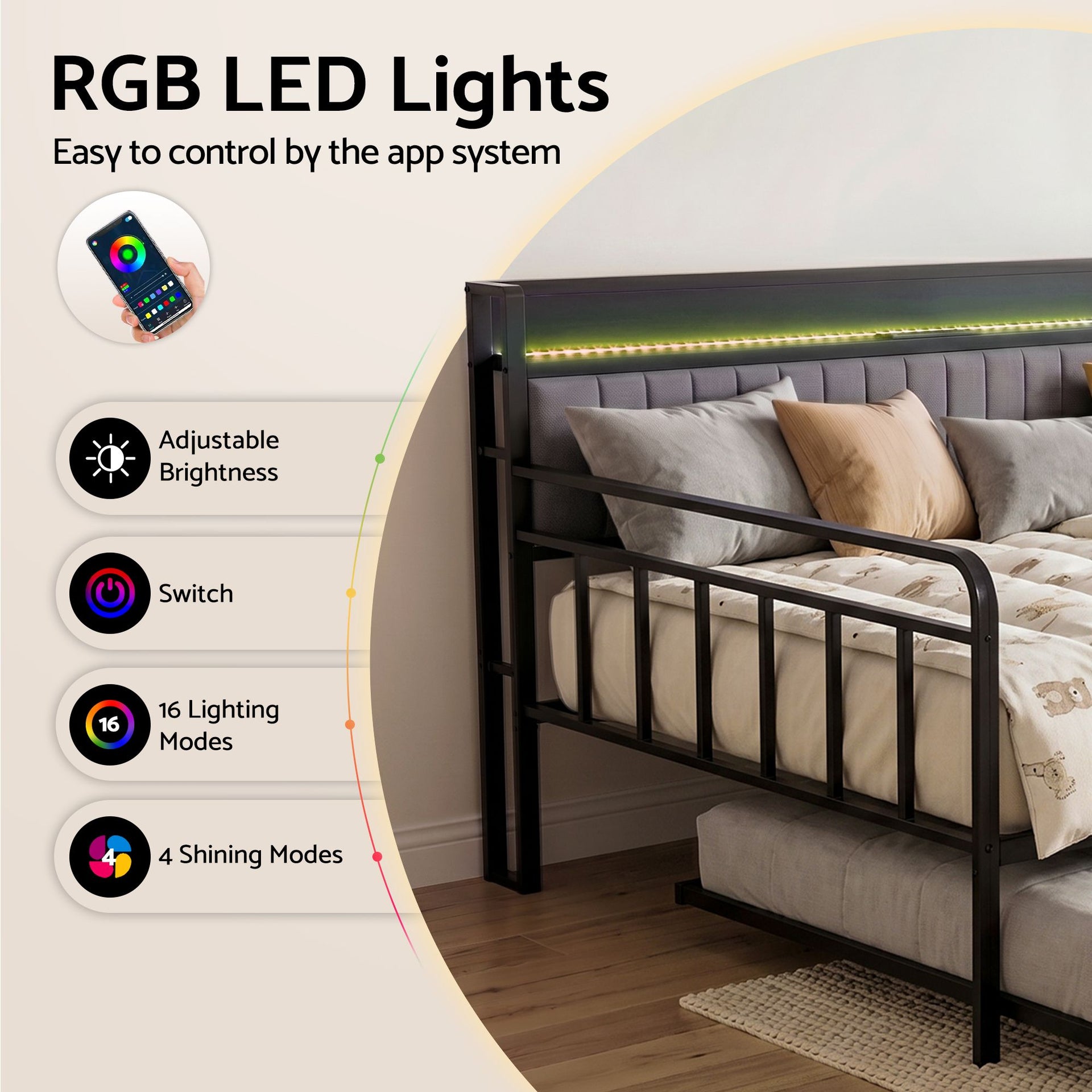 Artiss Bed Frame Double LED Metal Trundle Daybed with Charging Station TURN Artiss