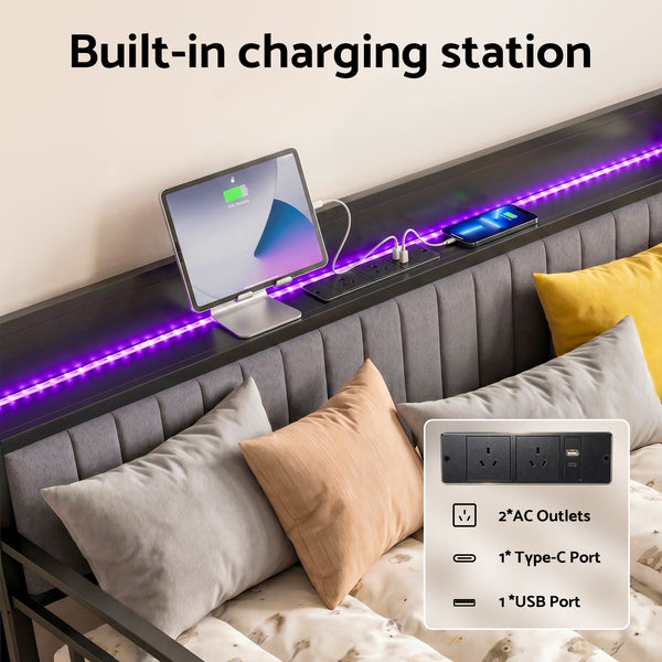 Artiss Bed Frame Double LED Metal Trundle Daybed with Charging Station TURN Artiss