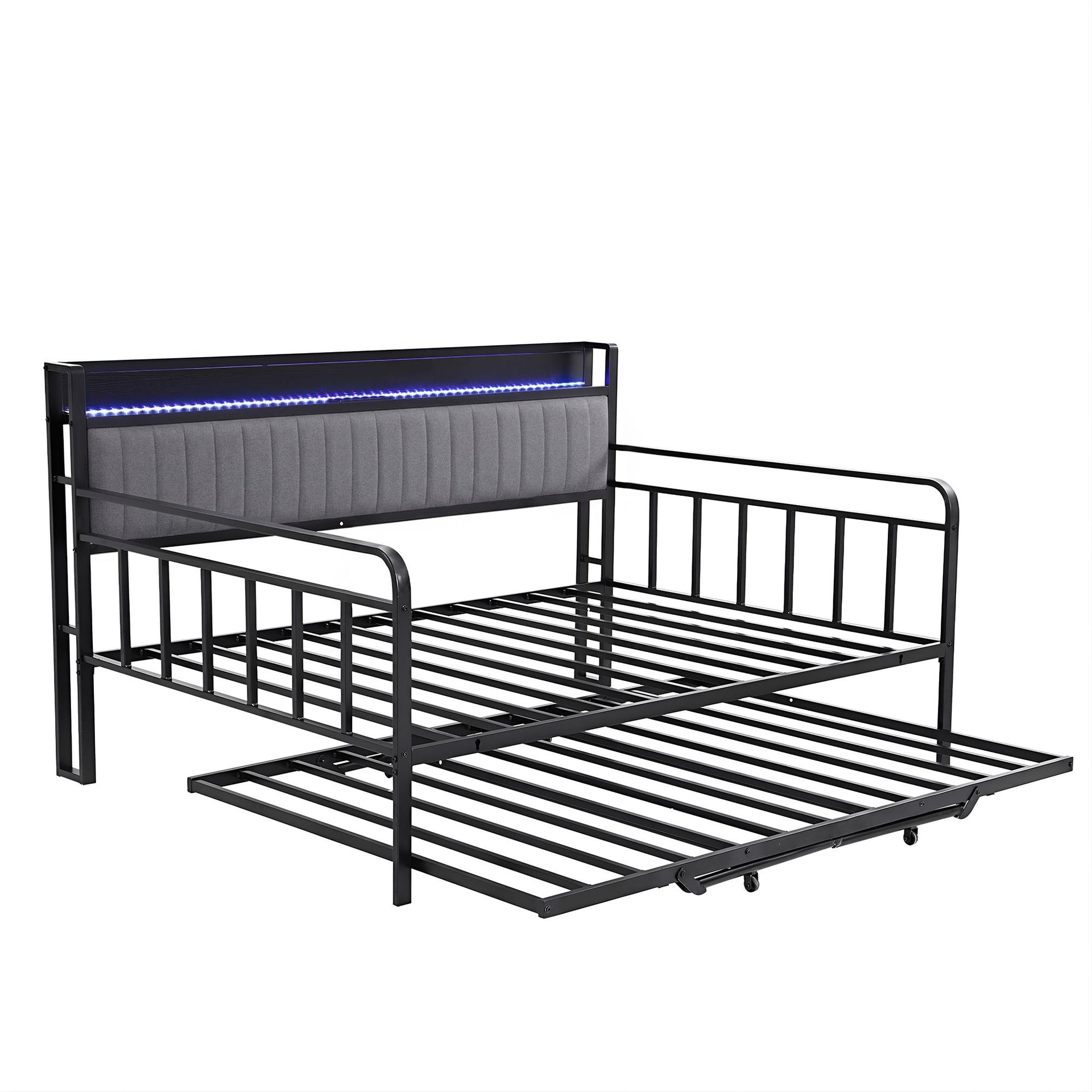 Artiss Bed Frame King Single LED Metal Trundle Daybed with Charging Station TURN Artiss