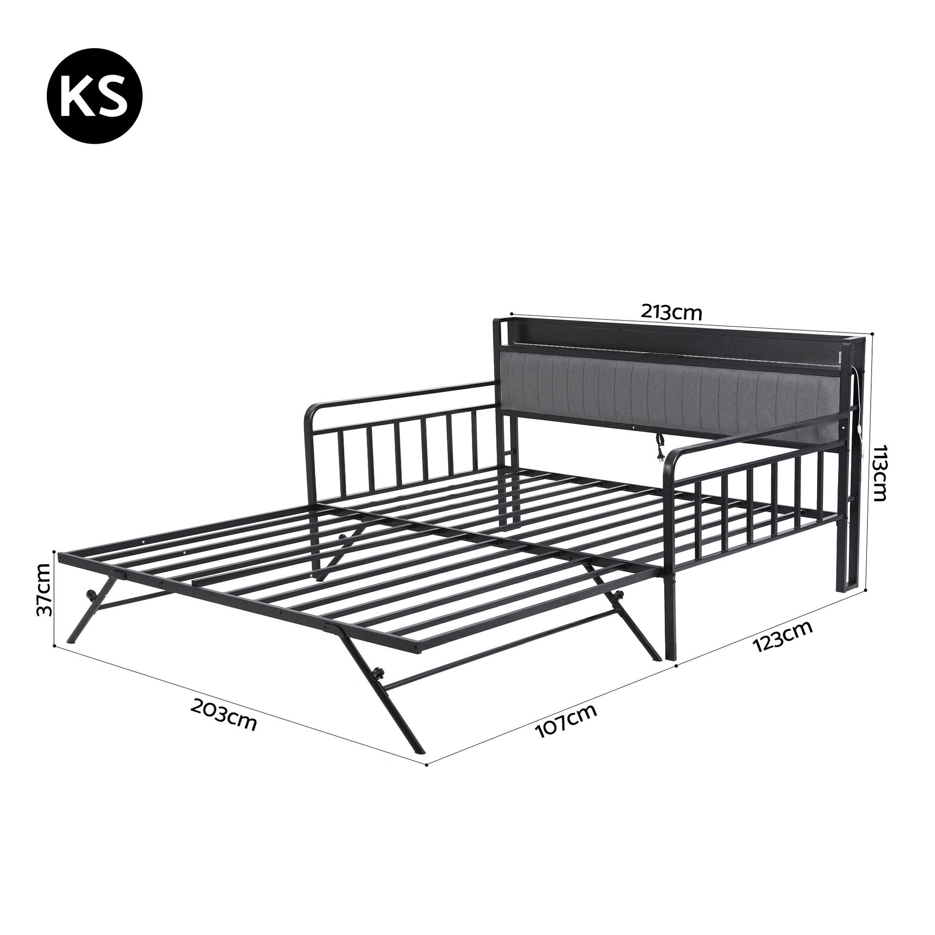 Artiss Bed Frame King Single LED Metal Trundle Daybed with Charging Station TURN Artiss