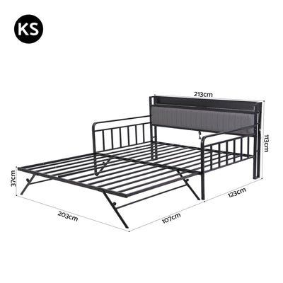 Artiss Bed Frame King Single LED Metal Trundle Daybed with Charging Station TURN