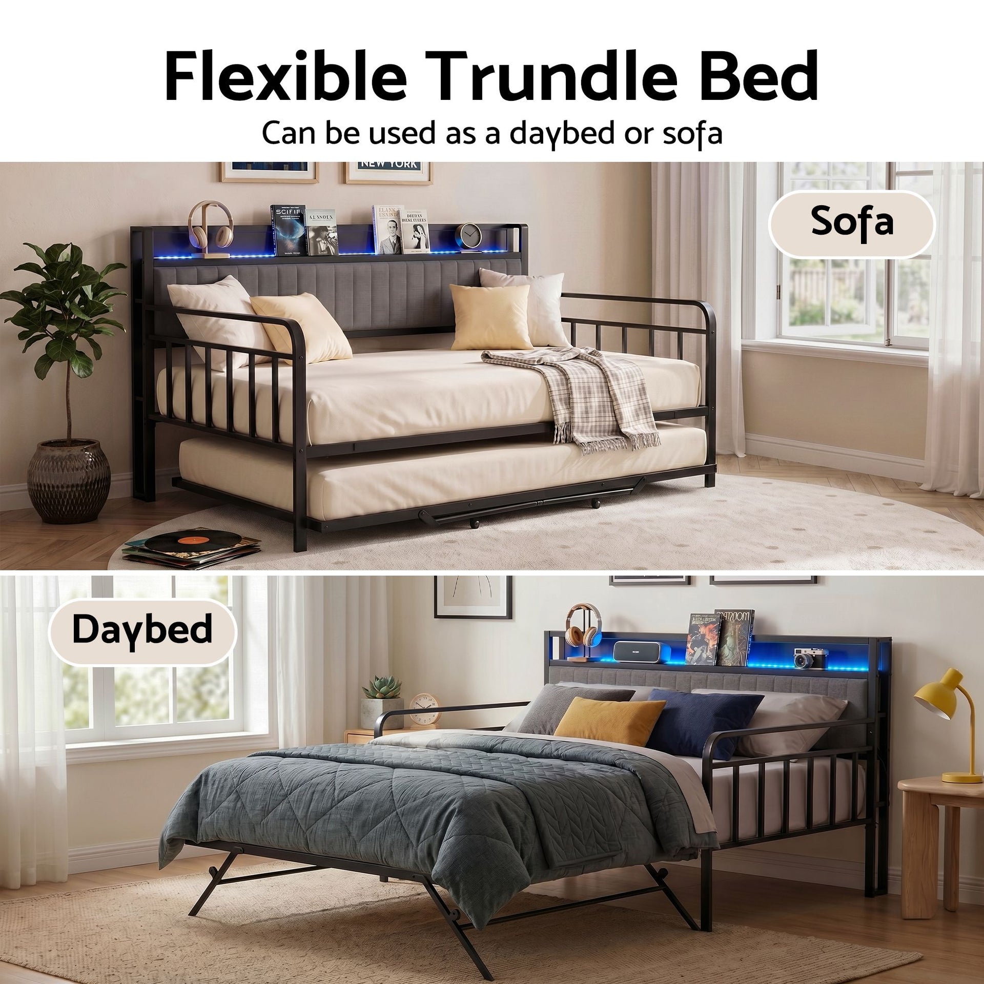 Artiss Bed Frame King Single LED Metal Trundle Daybed with Charging Station TURN Artiss