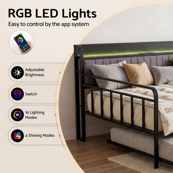 Artiss Bed Frame King Single LED Metal Trundle Daybed with Charging Station TURN Artiss