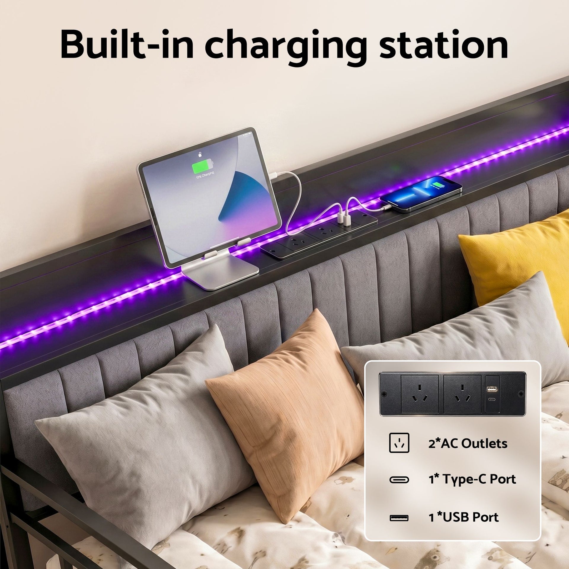 Artiss Bed Frame King Single LED Metal Trundle Daybed with Charging Station TURN Artiss