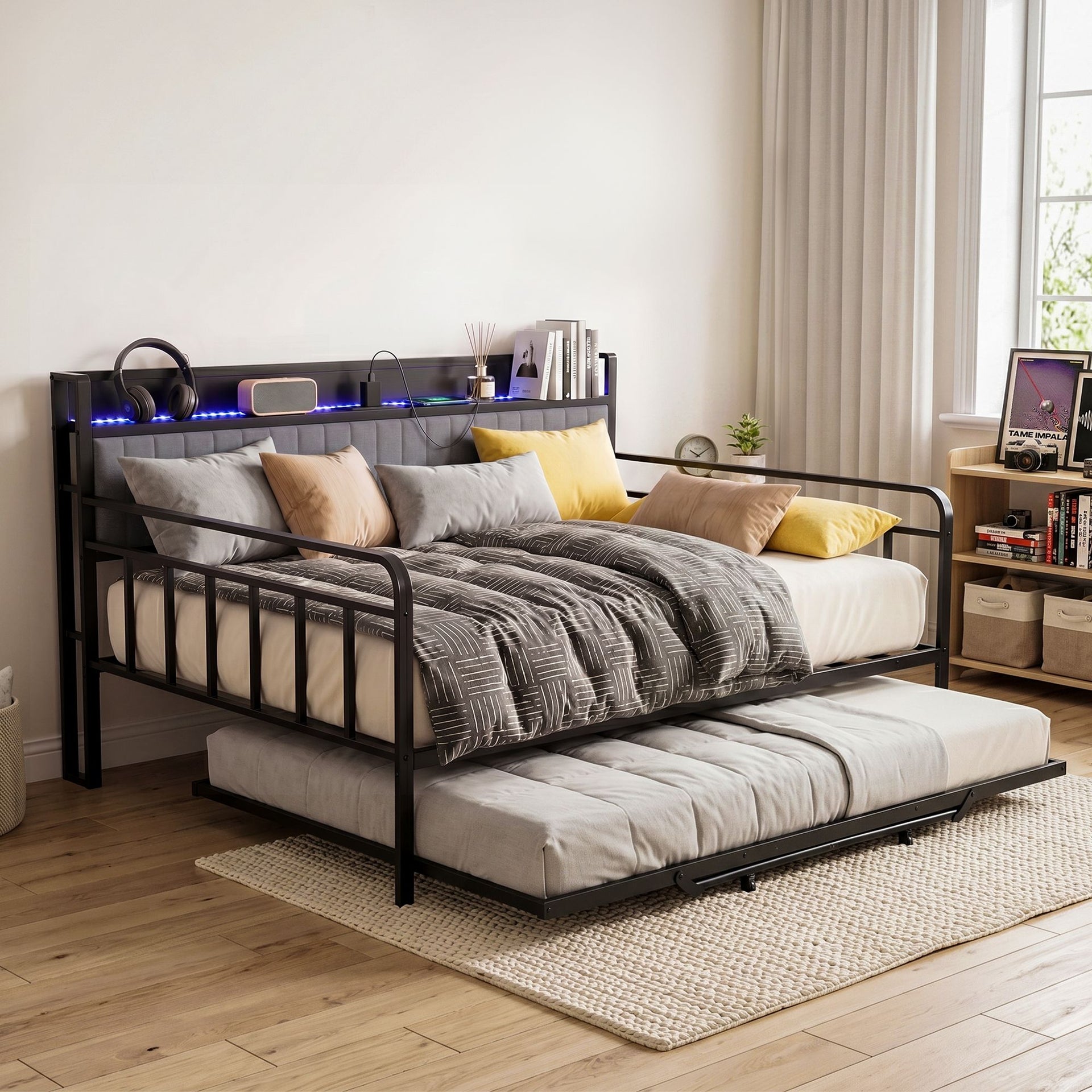 Artiss Bed Frame King Single LED Metal Trundle Daybed with Charging Station TURN Artiss