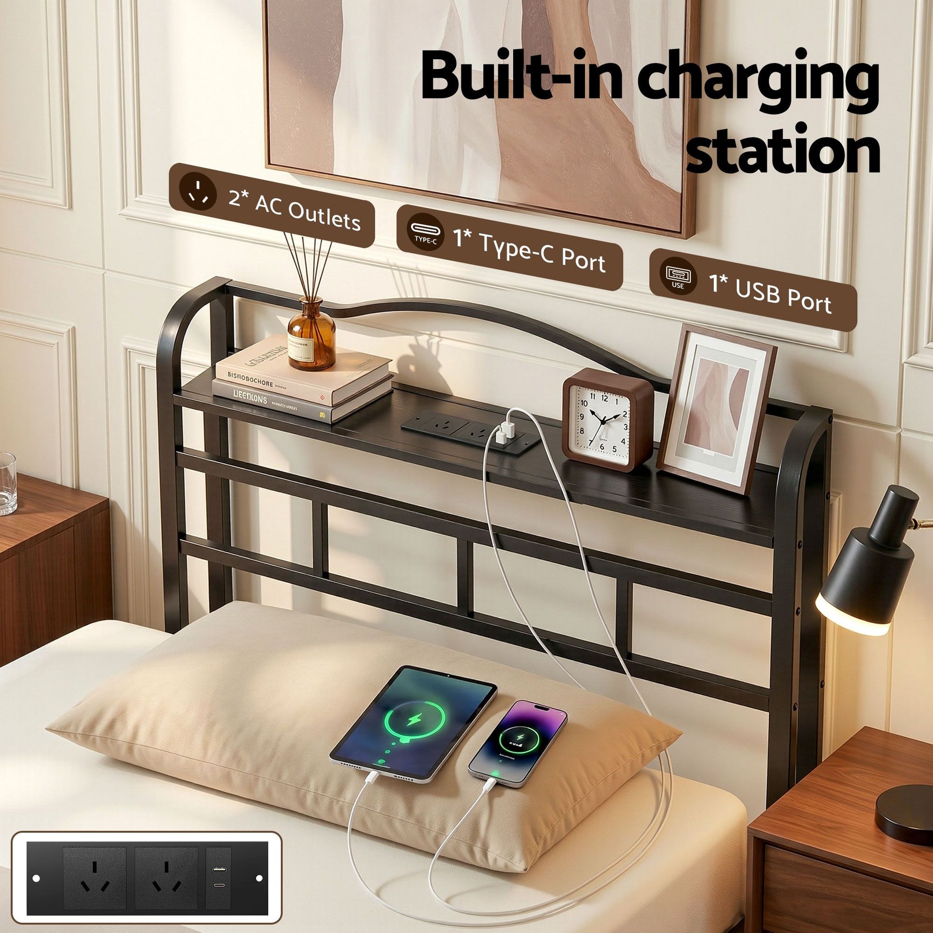Artiss Bed Frame Single Size with Charging Station WAVE Awezingly