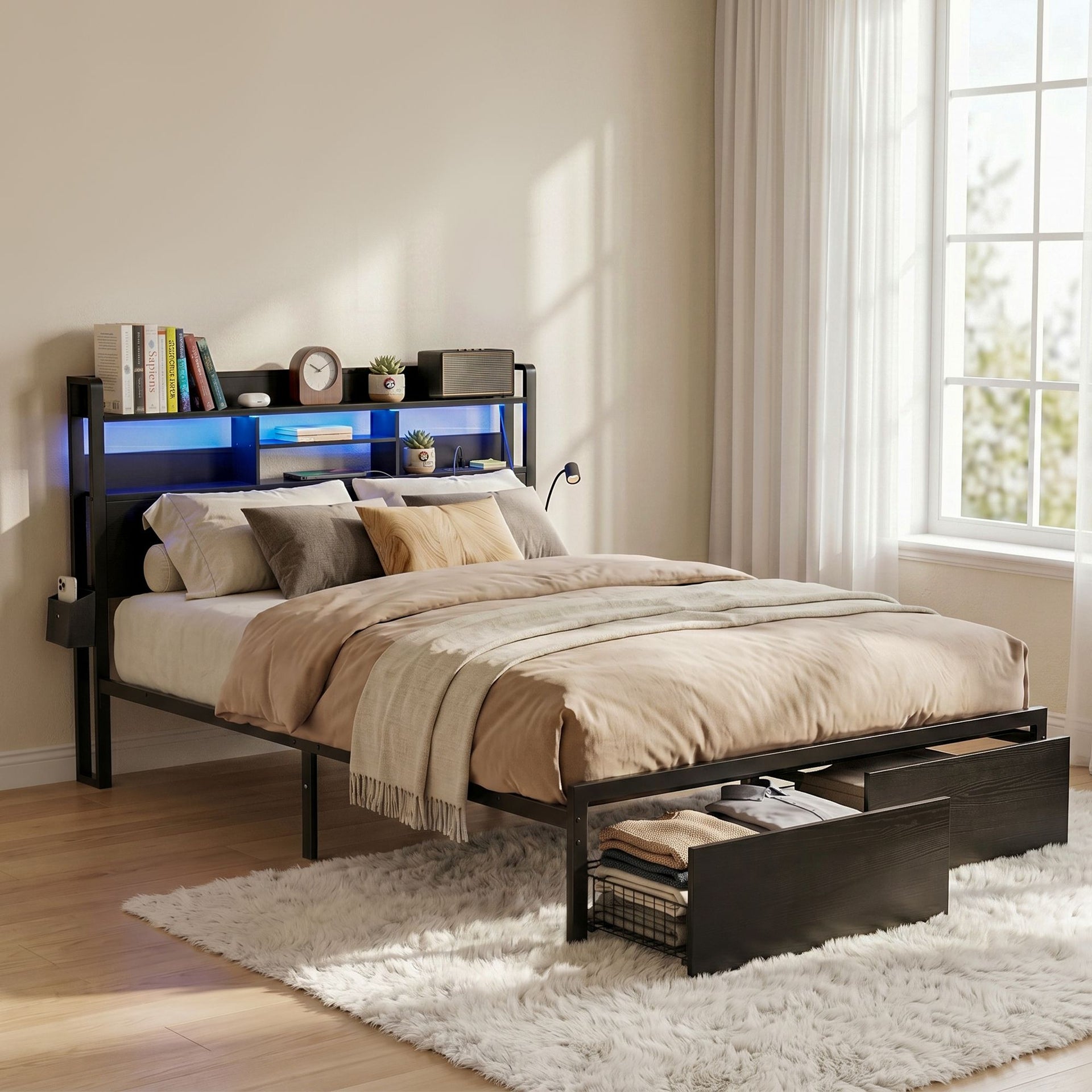 Artiss Bed Frame Double with Charging Station Storage Organizer Drawers LED ZAC Awezingly