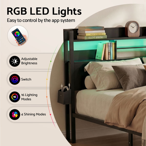 Artiss Bed Frame King with Charging Station Storage Organizer Drawers LED ZAC Awezingly