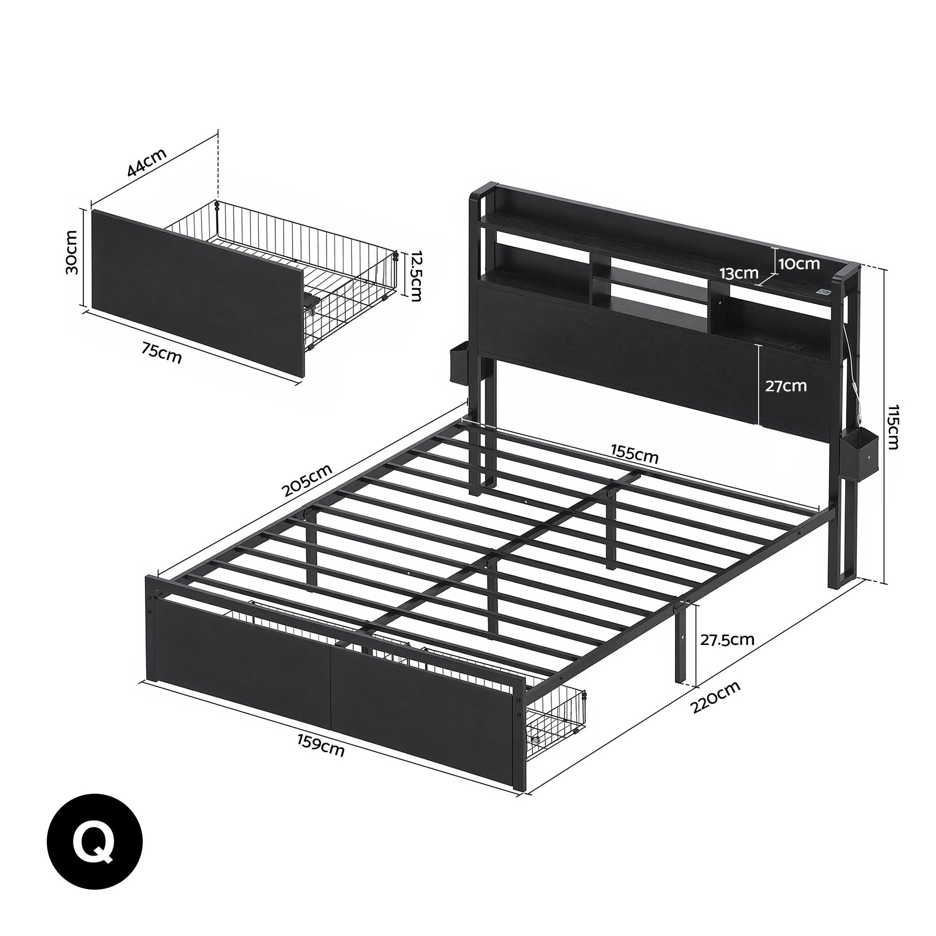 Artiss Bed Frame Queen with Charging Station Storage Organizer Drawers LED ZAC Awezingly