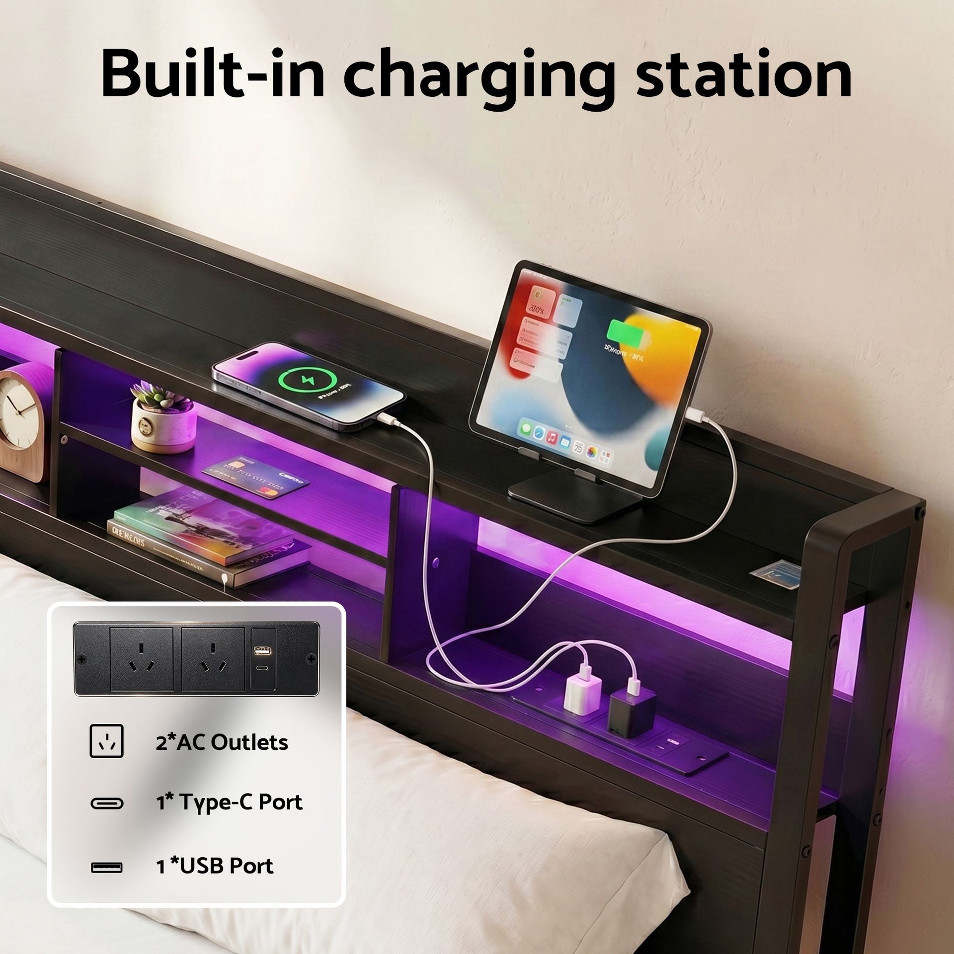 Artiss Bed Frame Queen with Charging Station Storage Organizer Drawers LED ZAC Awezingly