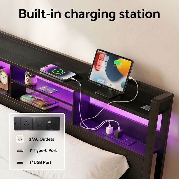 Artiss Bed Frame Queen with Charging Station Storage Organizer Drawers LED ZAC Awezingly