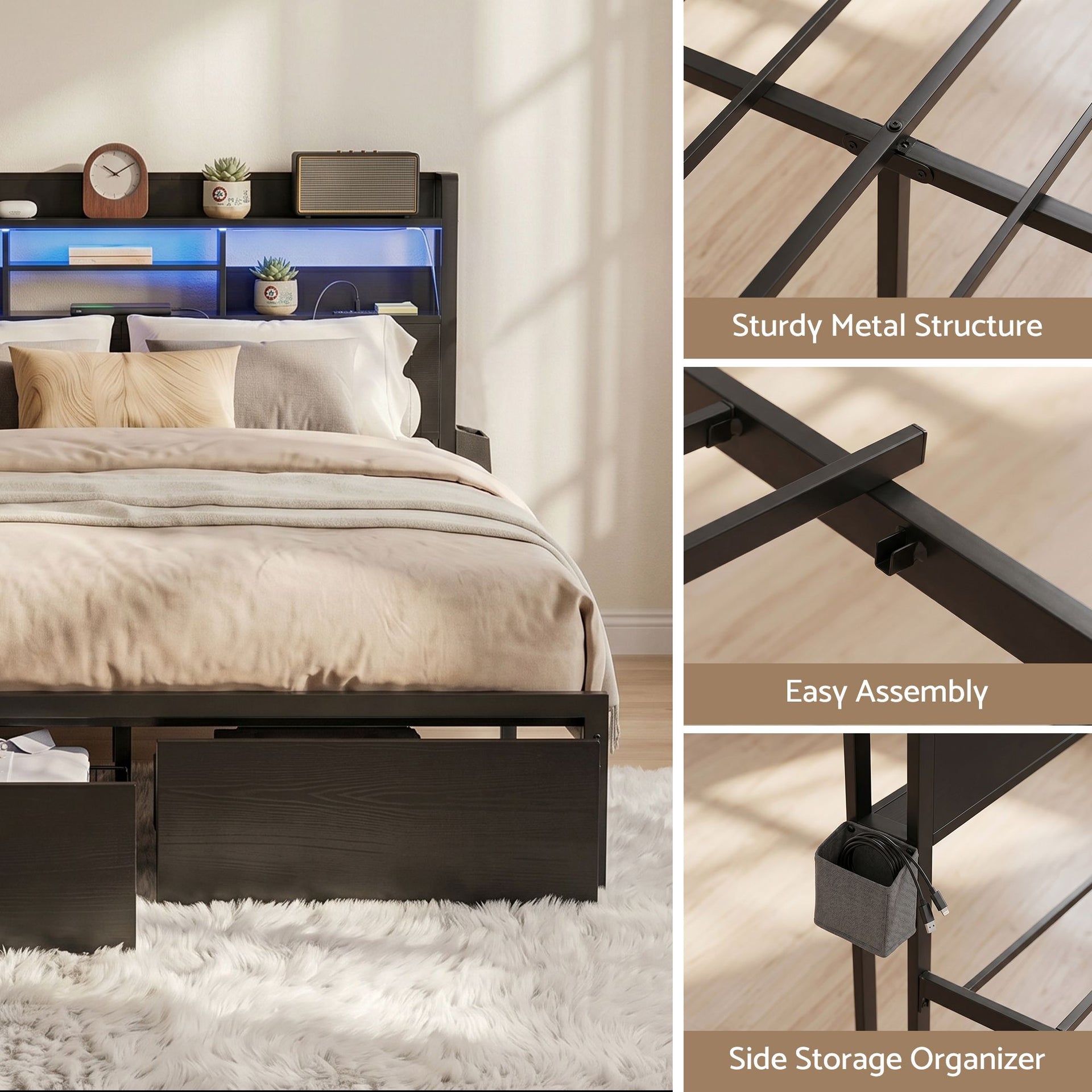 Artiss Bed Frame Queen with Charging Station Storage Organizer Drawers LED ZAC Awezingly