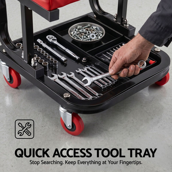 Giantz Creeper Seat Rolling Mechanic Stool with Tool Tray Heavy Duty 36x36cm Giantz