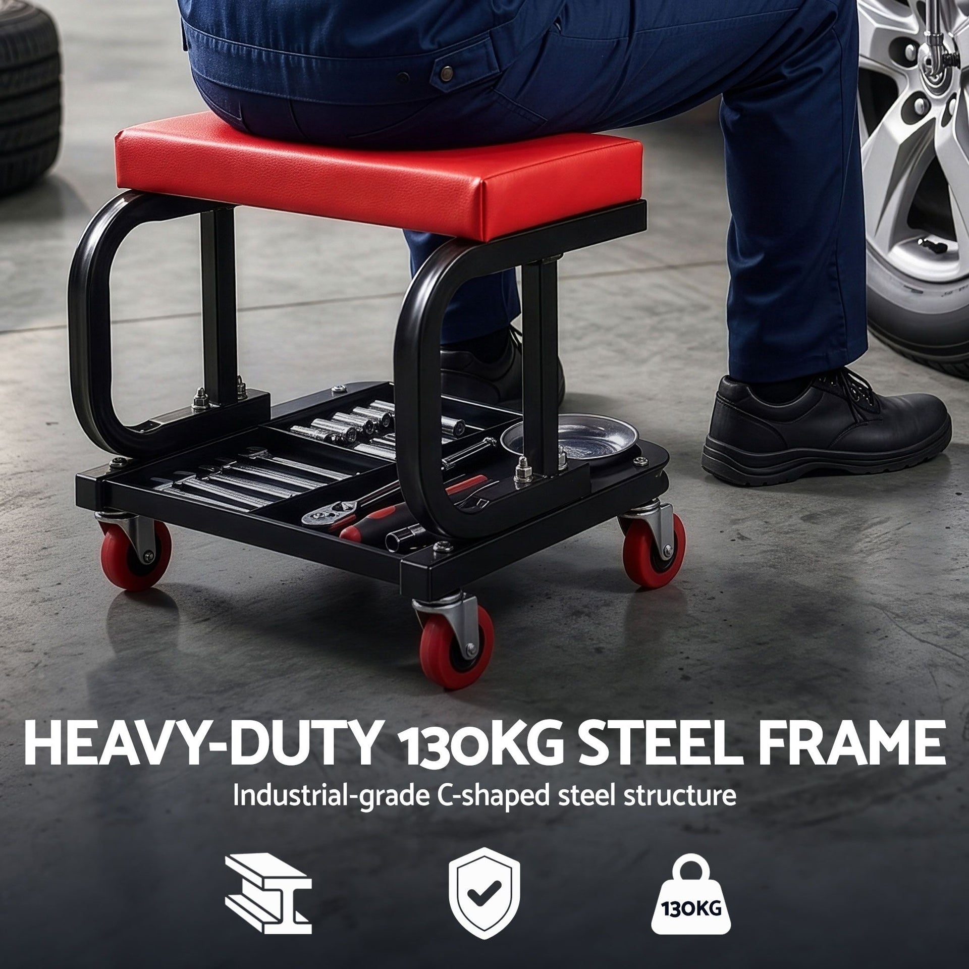Giantz Creeper Seat Rolling Mechanic Stool with Tool Tray Heavy Duty 36x36cm Giantz