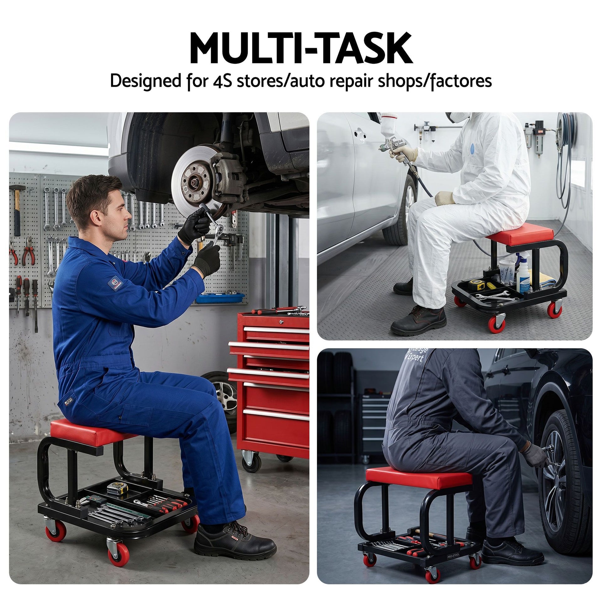 Giantz Creeper Seat Rolling Mechanic Stool with Tool Tray Heavy Duty 36x36cm Giantz