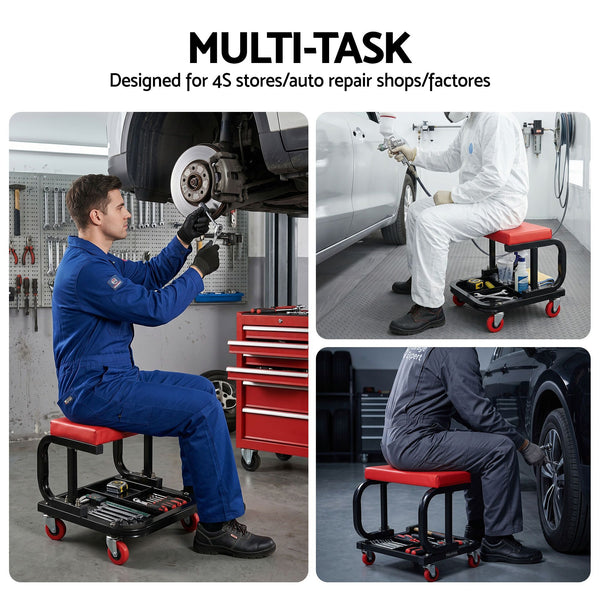 Giantz Creeper Seat Rolling Mechanic Stool with Tool Tray Heavy Duty 36x36cm Giantz