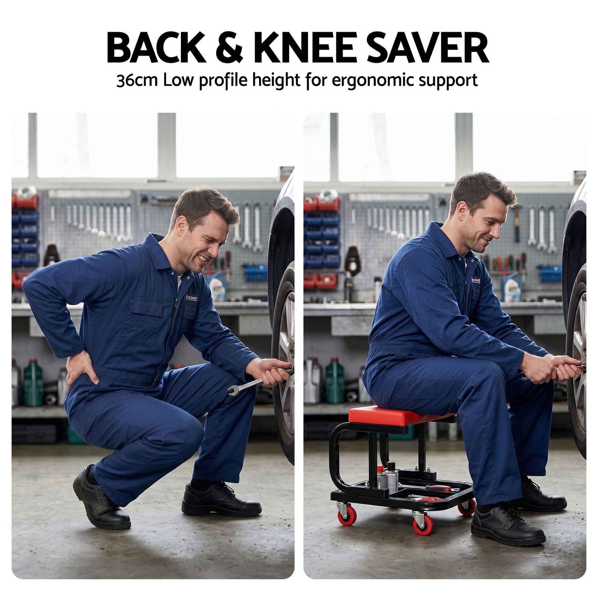 Giantz Creeper Seat Rolling Mechanic Stool with Tool Tray Heavy Duty 36x36cm Giantz