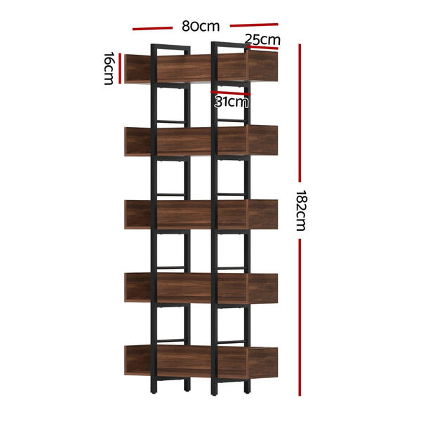 Artiss Bookshelf 5-Tier Bookcase Display Shelves Metal Storage Stand Rack Walnut Awezingly