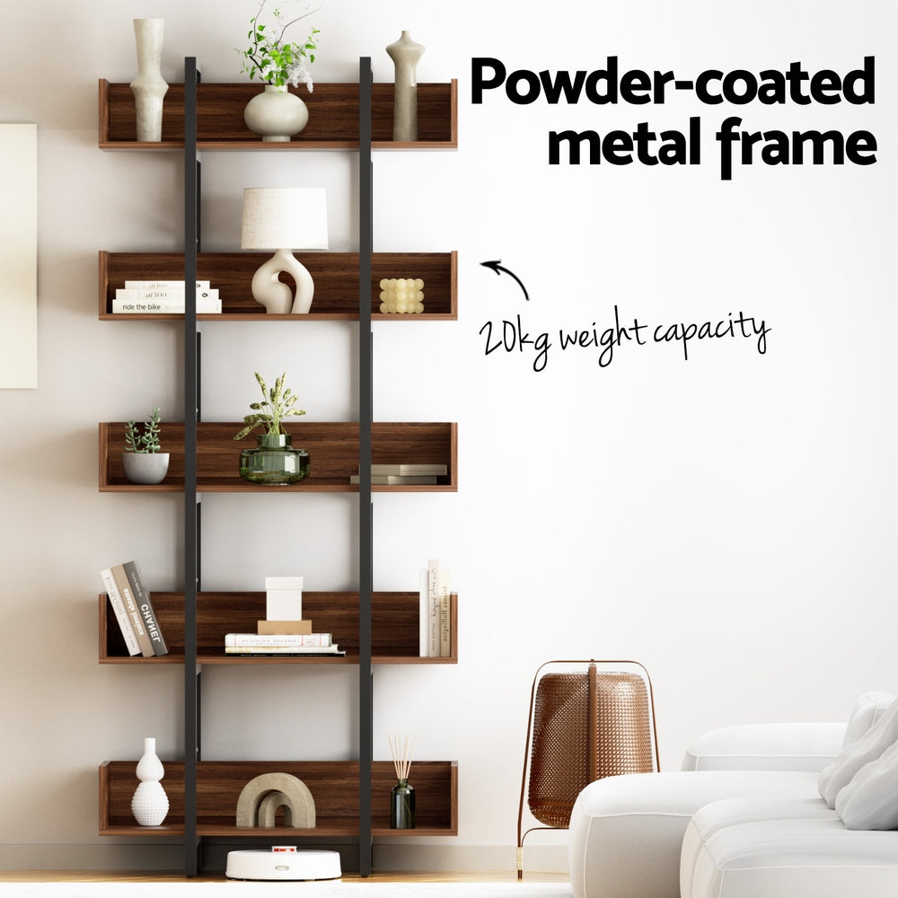 Artiss Bookshelf 5-Tier Bookcase Display Shelves Metal Storage Stand Rack Walnut Awezingly