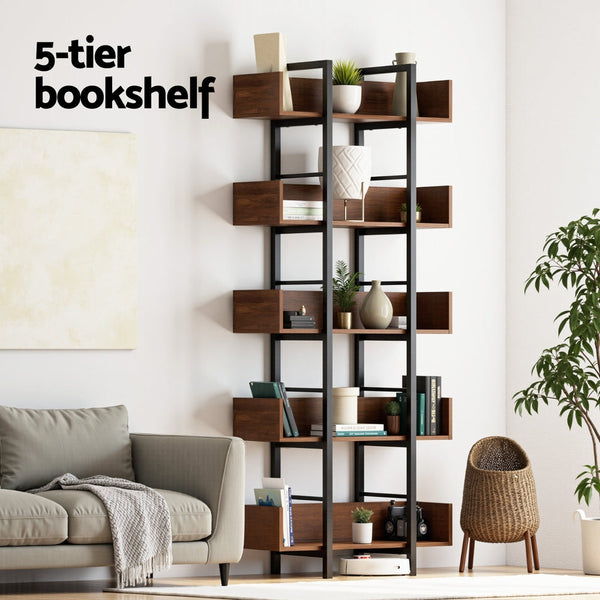 Artiss Bookshelf 5-Tier Bookcase Display Shelves Metal Storage Stand Rack Walnut Awezingly