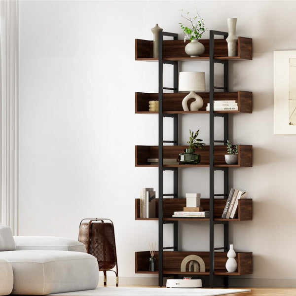 Artiss Bookshelf 5-Tier Bookcase Display Shelves Metal Storage Stand Rack Walnut Awezingly