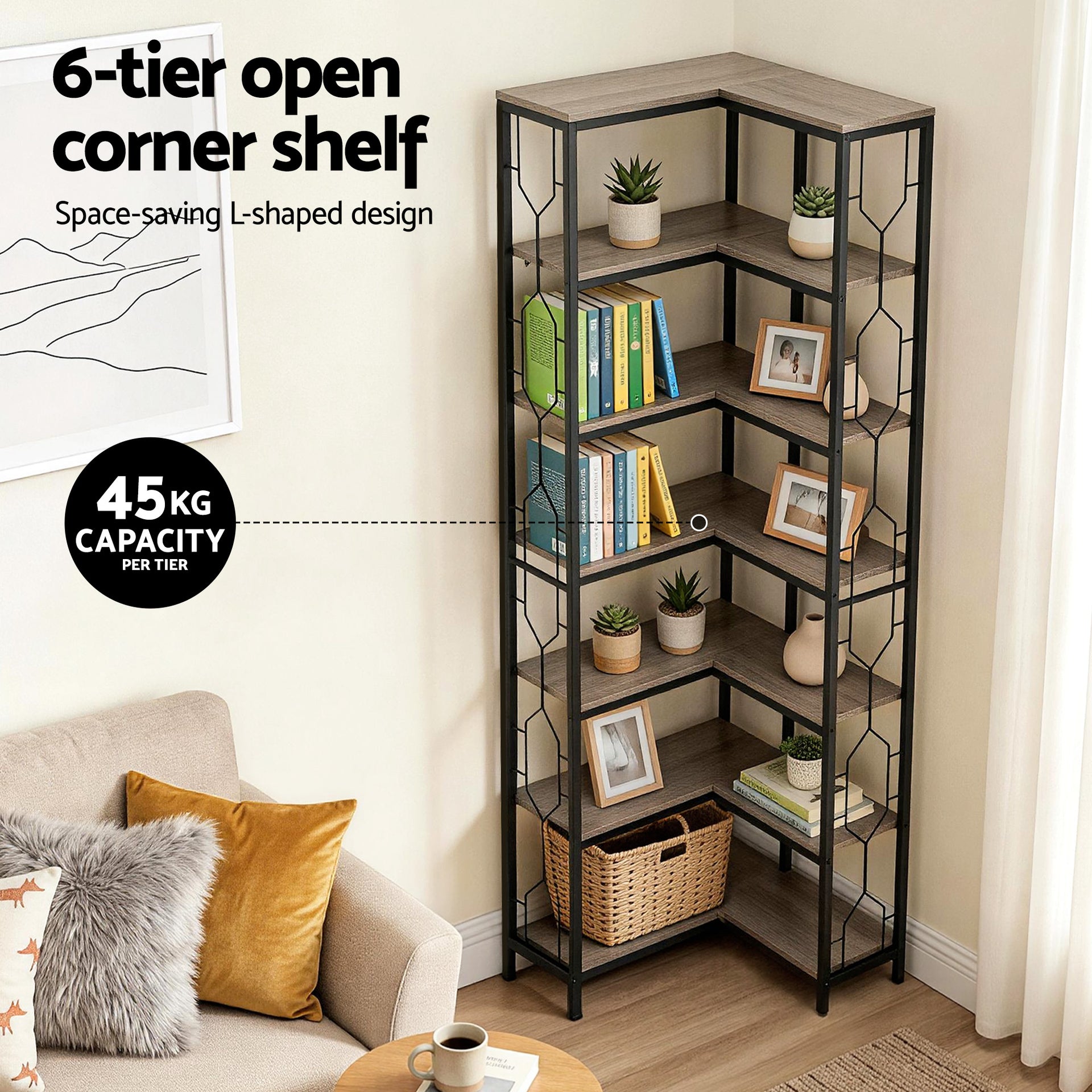 Artiss 6 Tiers Bookshelf Corner Shelf Bookcase Display Shelves Oak Awezingly