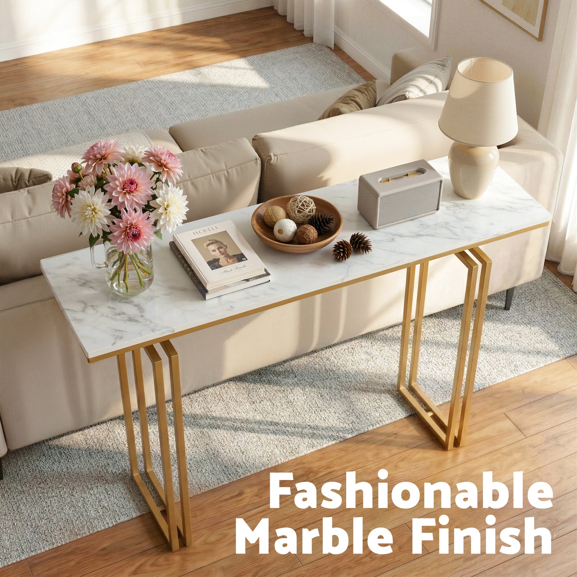 Artiss Console Table Hallway Entryway Table Marble Effect 110CM White & Gold Awezingly