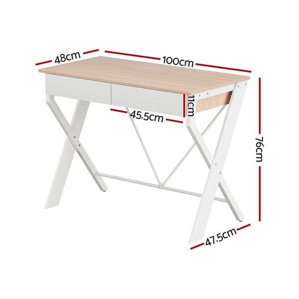 Artiss Metal Desk with Drawer - White with Oak Top Artiss