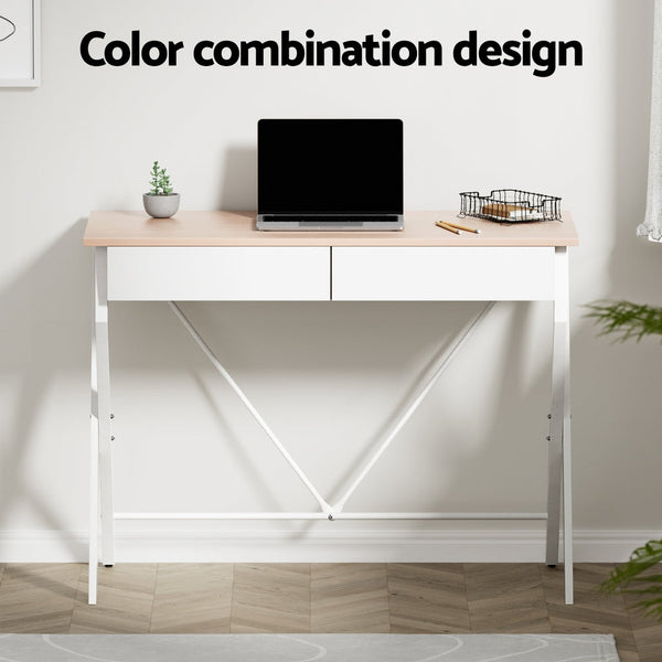 Artiss Metal Desk with Drawer - White with Oak Top Artiss