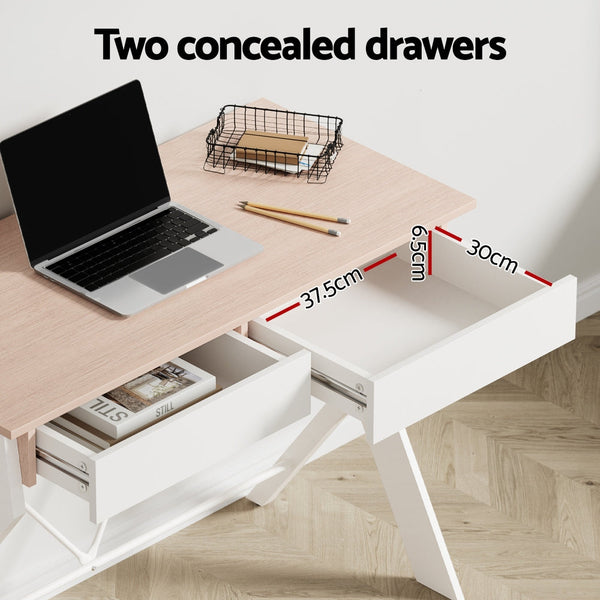 Artiss Metal Desk with Drawer - White with Oak Top Artiss
