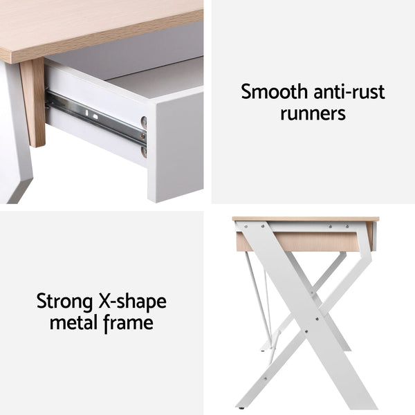 Artiss Metal Desk with Drawer - White with Oak Top Artiss