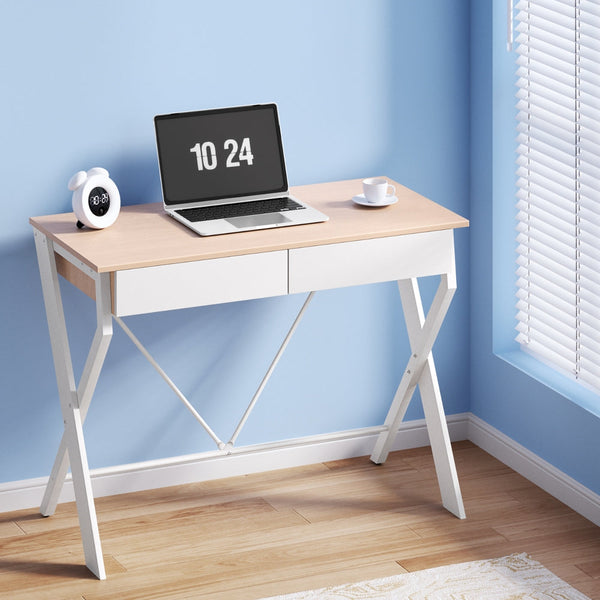 Artiss Metal Desk with Drawer - White with Oak Top Artiss