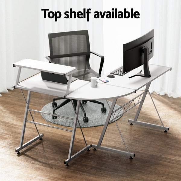 Artiss Corner Metal Pull Out Table Desk - White Artiss