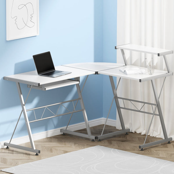 Artiss Corner Metal Pull Out Table Desk - White Artiss
