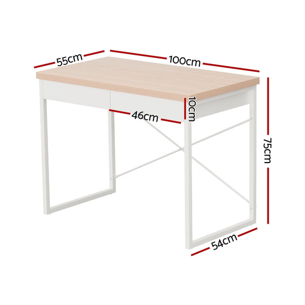 Artiss Metal Desk with Drawer - White with Wooden Top Artiss