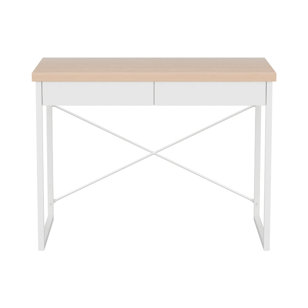 Artiss Metal Desk with Drawer - White with Wooden Top Artiss