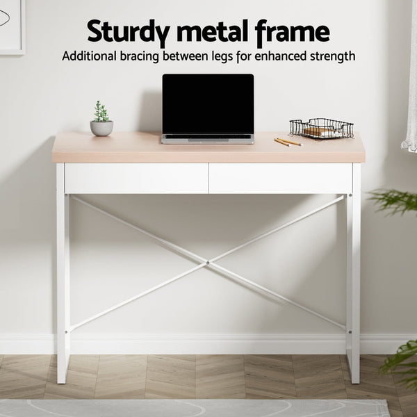 Artiss Metal Desk with Drawer - White with Wooden Top Artiss
