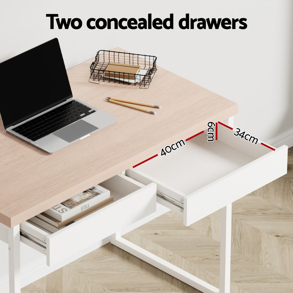 Artiss Metal Desk with Drawer - White with Wooden Top Artiss