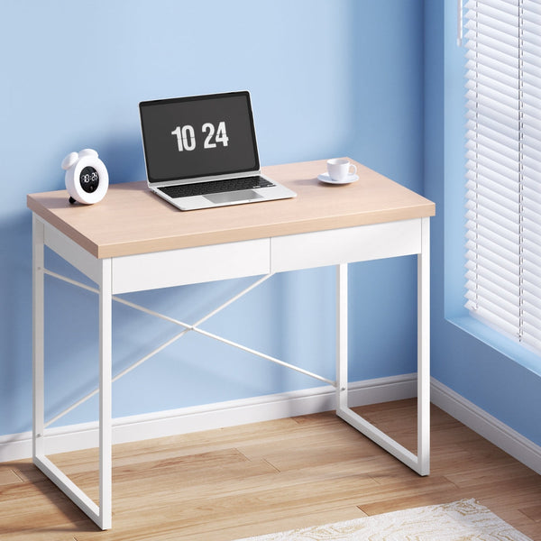 Artiss Metal Desk with Drawer - White with Wooden Top Artiss