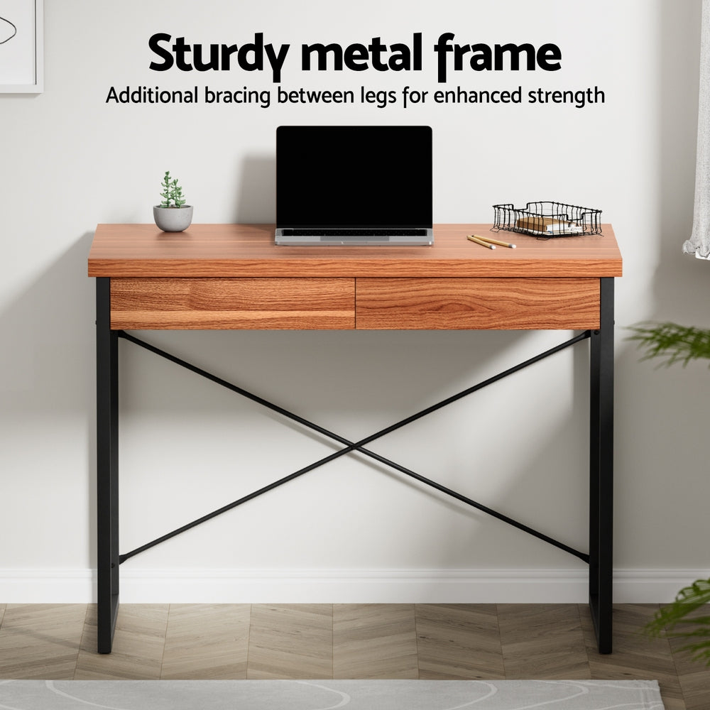 Artiss Metal Desk with Drawer - Walnut Artiss