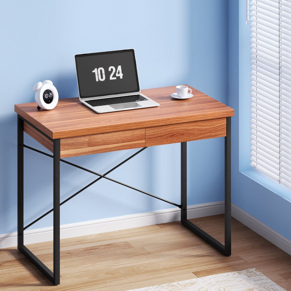 Artiss Metal Desk with Drawer - Walnut Artiss